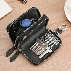 Leather Double Zipper Key Wallet Retro Men Women Car Key Holder Bag
