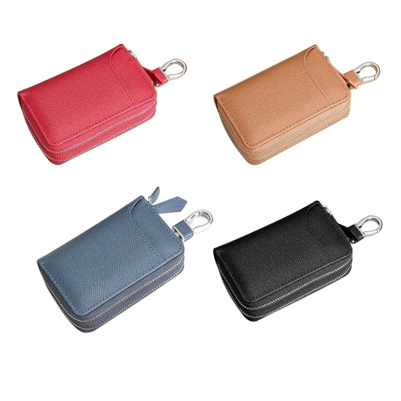 Leather Double Zipper Key Wallet Retro Men Women Car Key Holder Bag