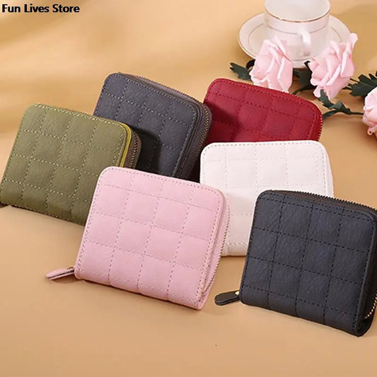 Plaid Leather Short Wallet for Woman Retro Purse Square Clutch Money Clip