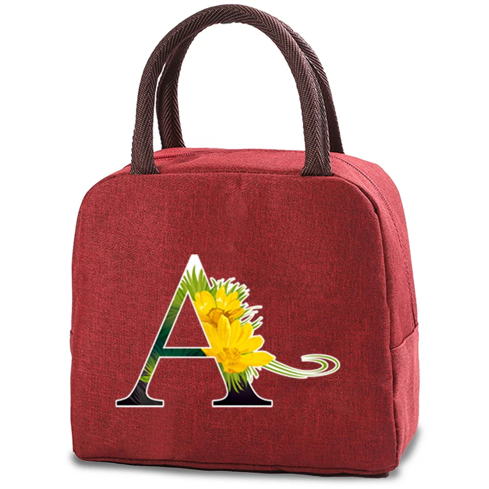 Flower Letter Print Insulated Lunch Bag Thermal Food Picnic Box