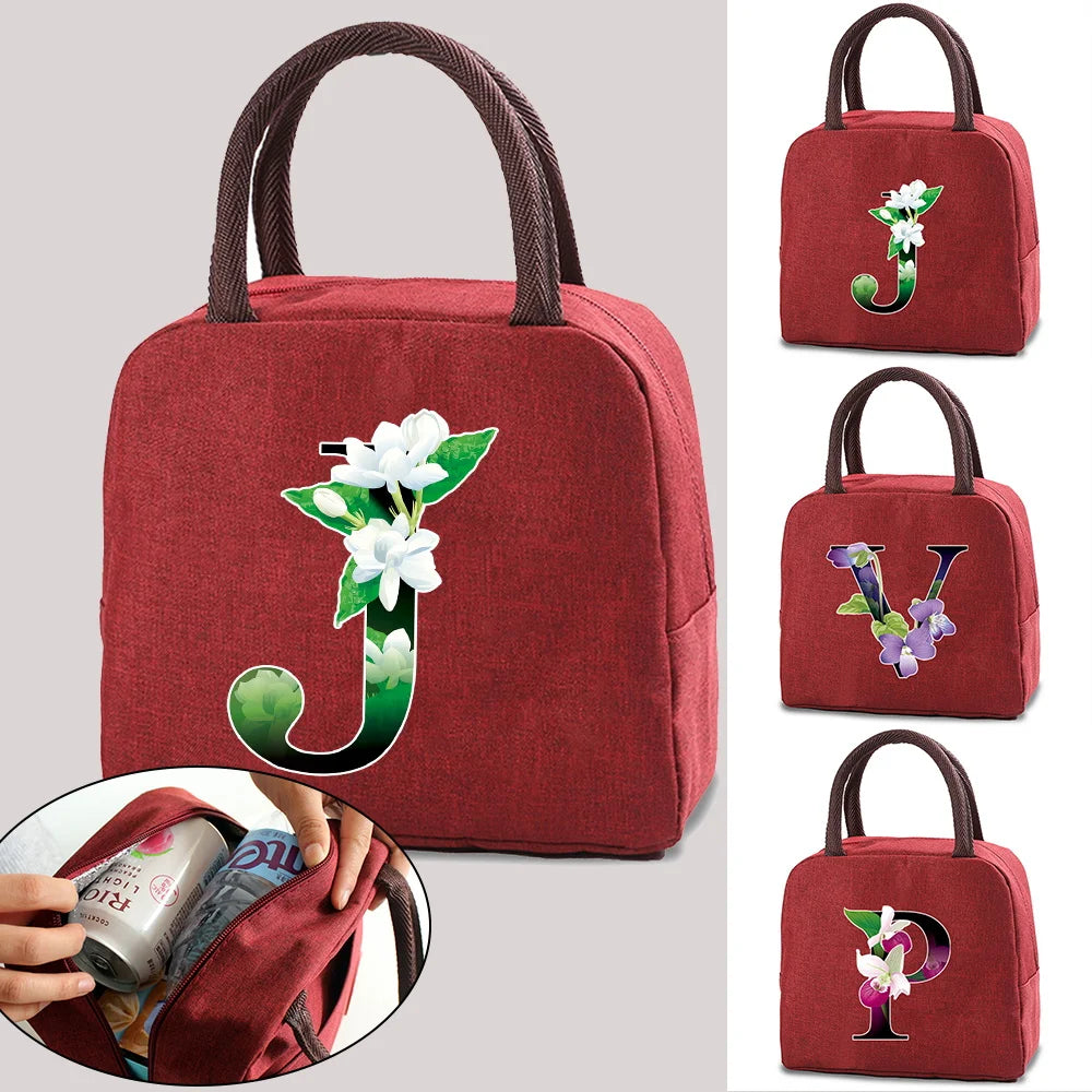 Flower Letter Print Insulated Lunch Bag Thermal Food Picnic Box