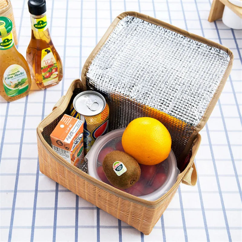 Portable Rattan Lunch Bag Waterproof Thermal Food Storage Box Tote