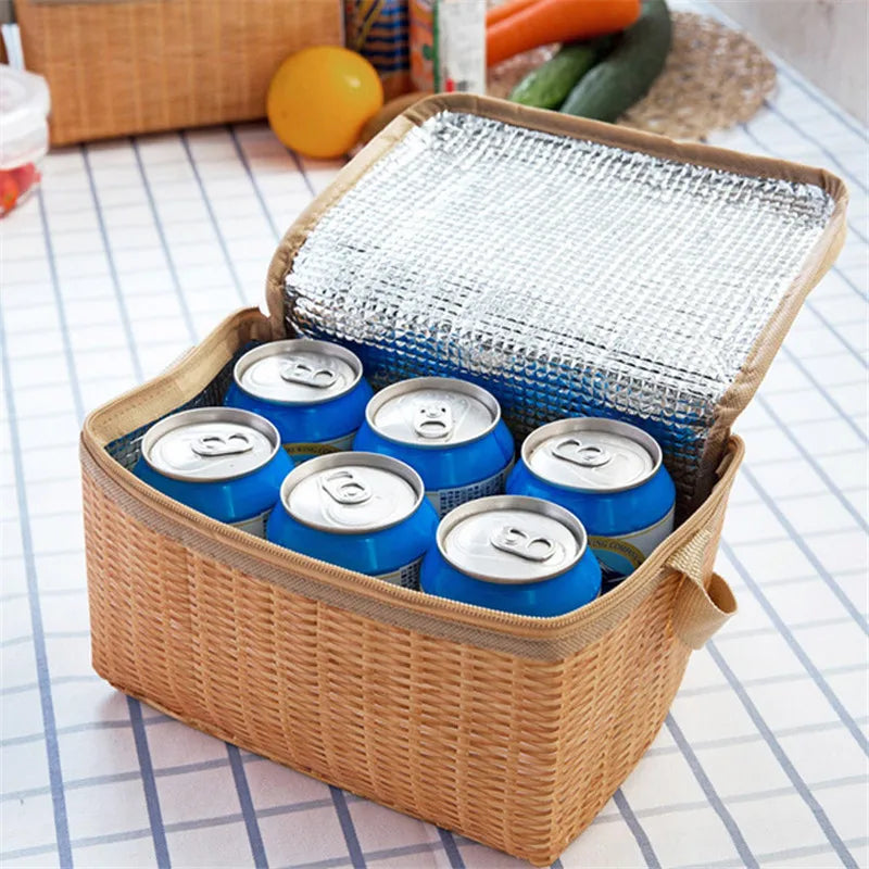 Portable Rattan Lunch Bag Waterproof Thermal Food Storage Box Tote
