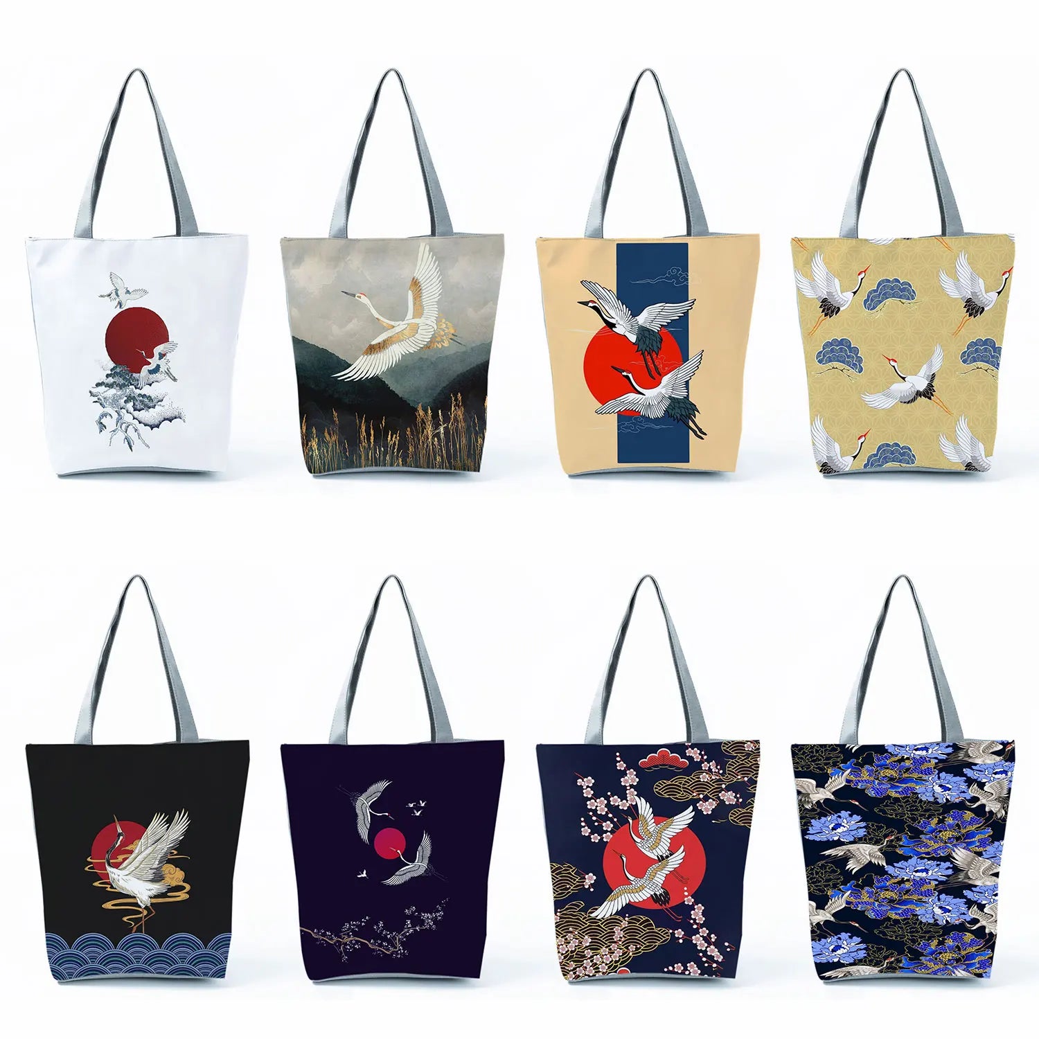 Japanese Style Ukiyoe Print Handbags Red Crowned Crane Tote Bags