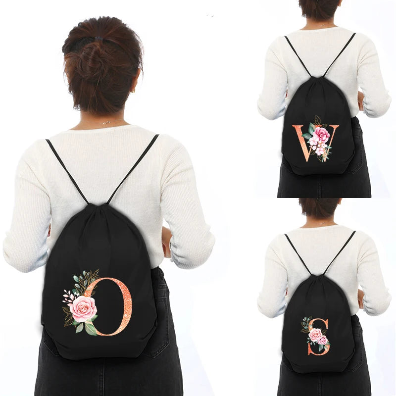 Orange Letter Print Drawstring Sports Bag Gym Backpack
