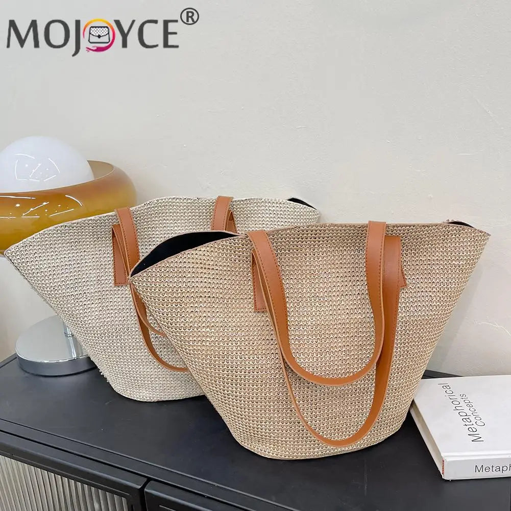 Portable Straw Shoulder Tote Bag Casual Large Capacity Braided Basket