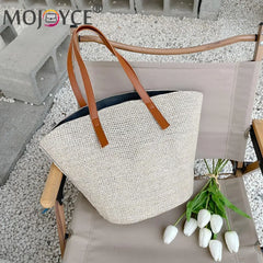 Portable Straw Shoulder Tote Bag Casual Large Capacity Braided Basket