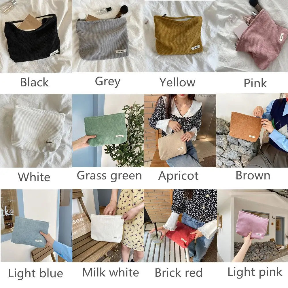 Portable Travel Zipper Clutch Makeup Pouch Corduroy Storage Wash Bag