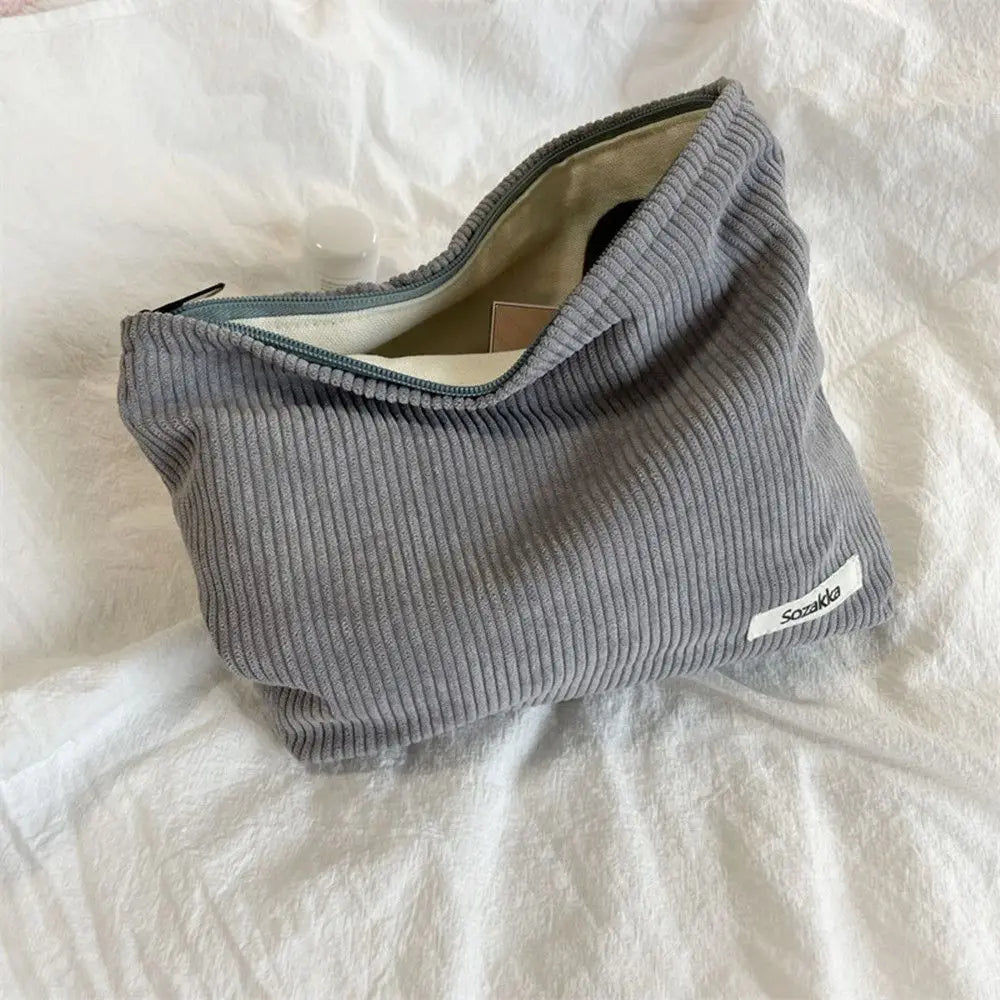 Portable Travel Zipper Clutch Makeup Pouch Corduroy Storage Wash Bag