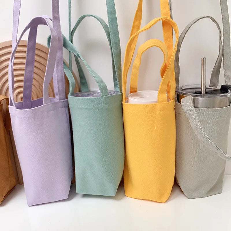 Canvas Water Bottle Holder Bag Solid Milk Tea Travel Storage Cover