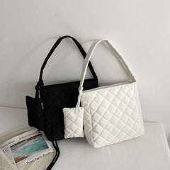 Women Cotton Padded Diamond Lattice Pattern Handbag with Mini Bag