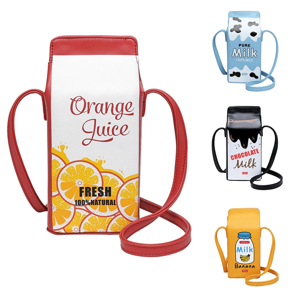 Portable Women Funny Milk Box Shape Shoulder Bag Phone Crossbody Pouch