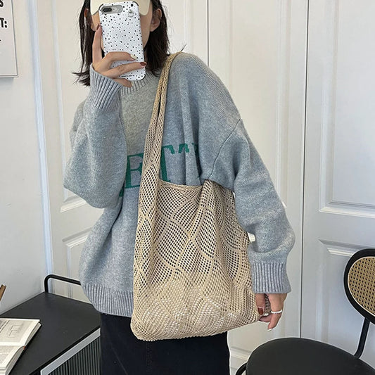 Unique Hollow Knitted Shoulder Bag for Women Large Capacity Tote Bag