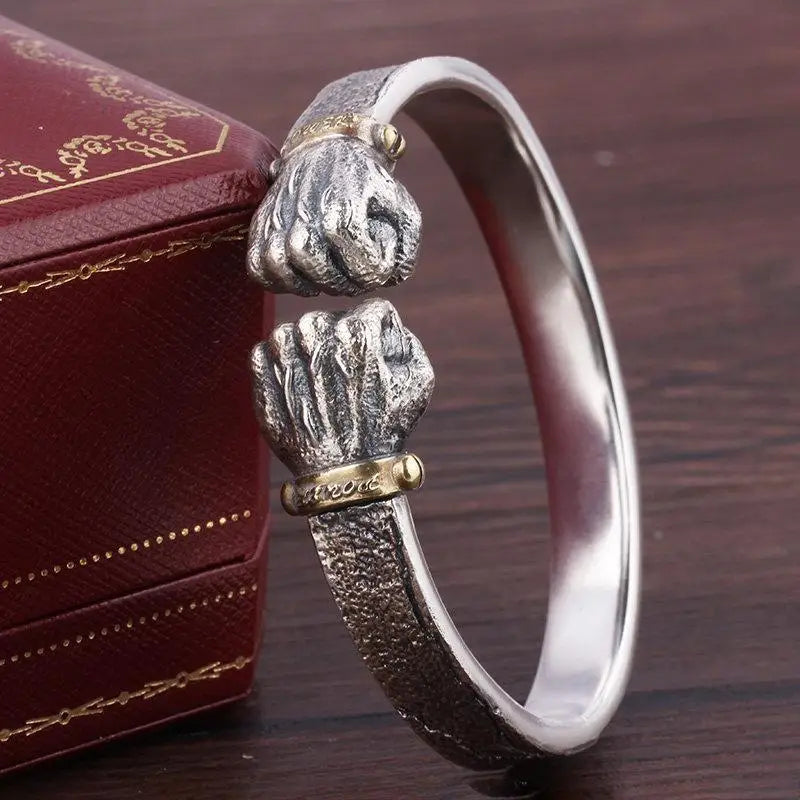 Men's 999 Silver Power Fist Cuff Bracelet Retro Personality Solid