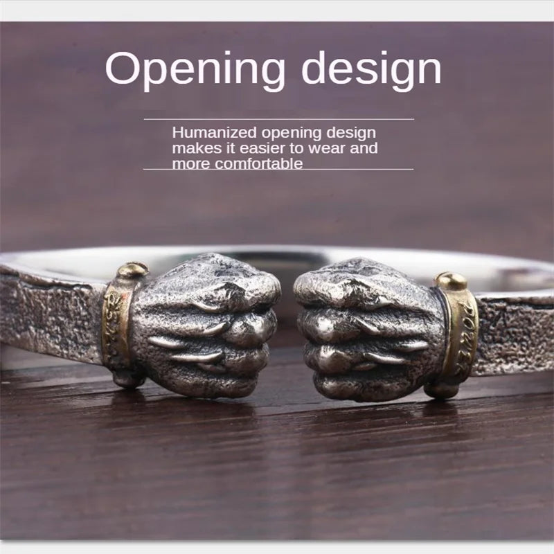 Men's 999 Silver Power Fist Cuff Bracelet Retro Personality Solid