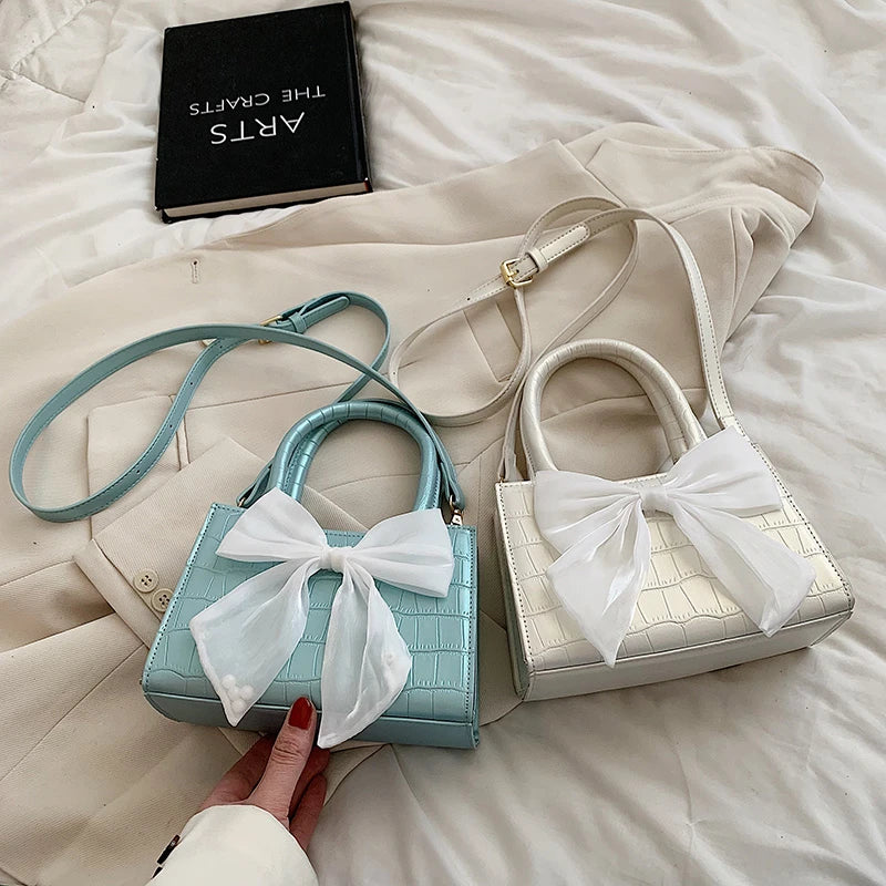 Texture Bow Handbag Solid Women's Shoulder Messenger Bag
