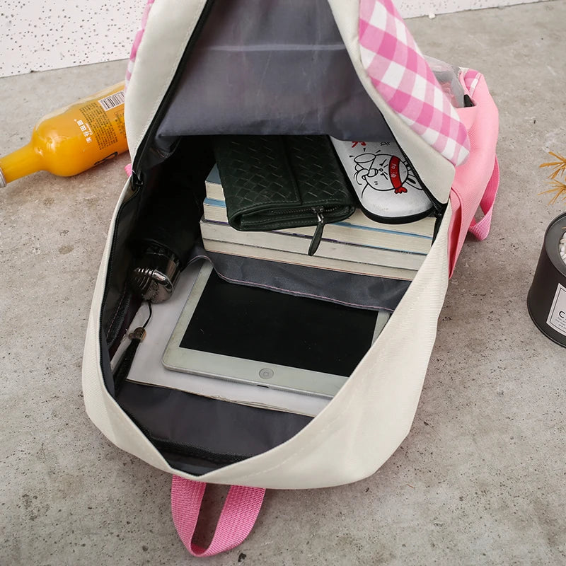 Preppy Style Patchwork Bagpack Women Canvas Plaid Backpack Letter School Bag