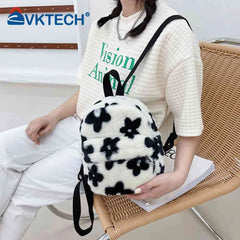 Preppy Style Women Flowers Printing Plush Backpack Casual Ladies Small Knapsack