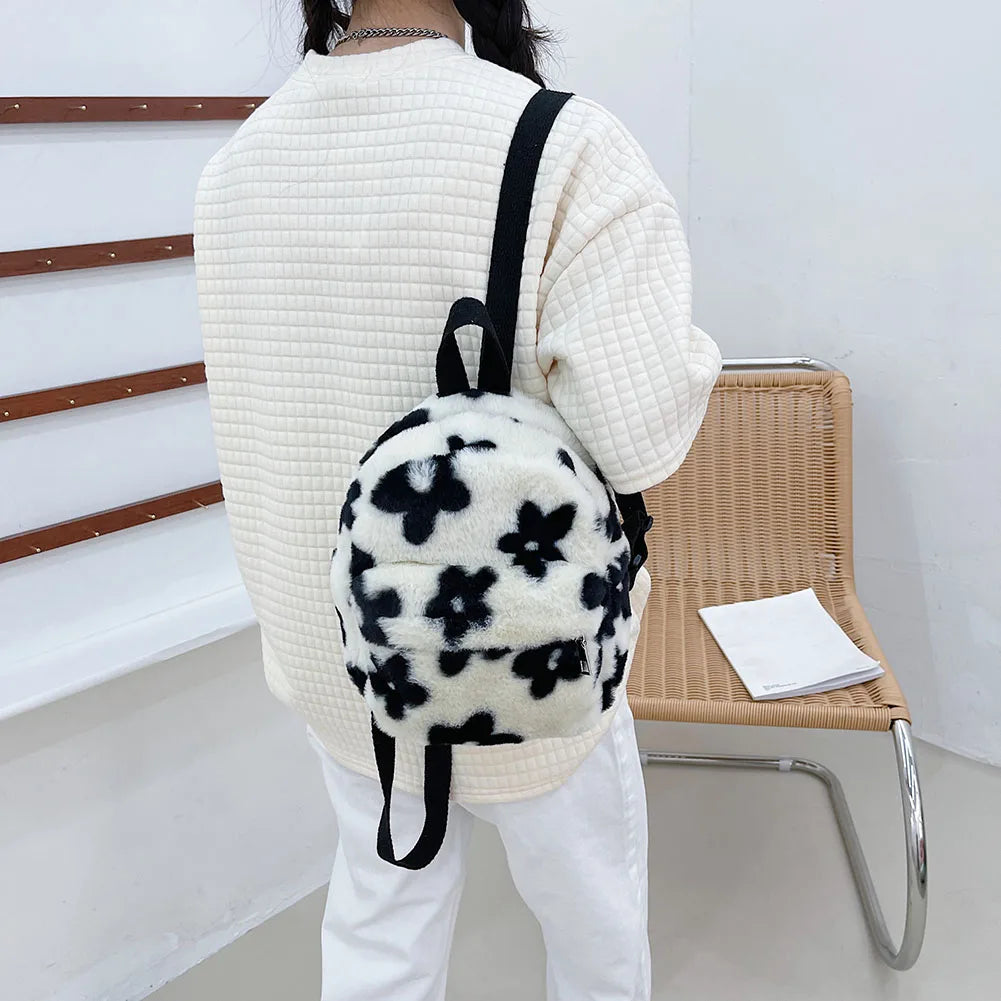 Flowers Printing Plush Backpack Casual Ladies Knapsack