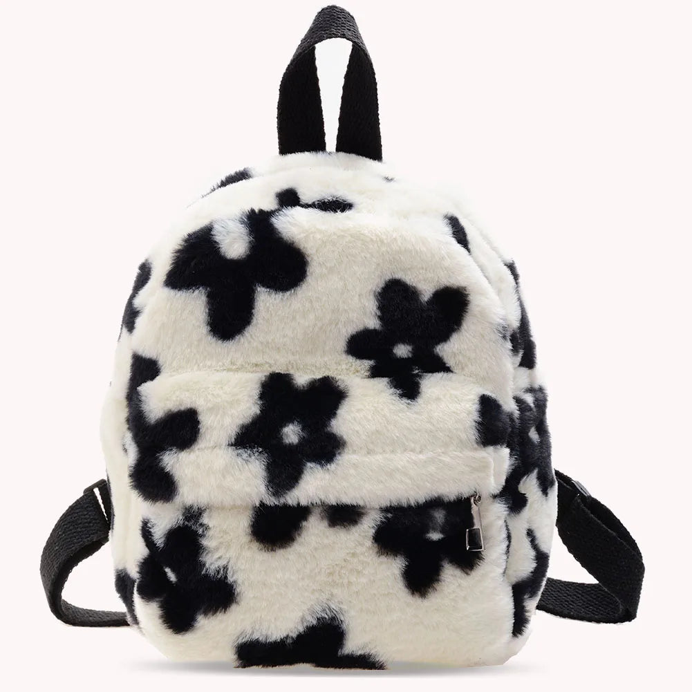 Flowers Printing Plush Backpack Casual Ladies Knapsack