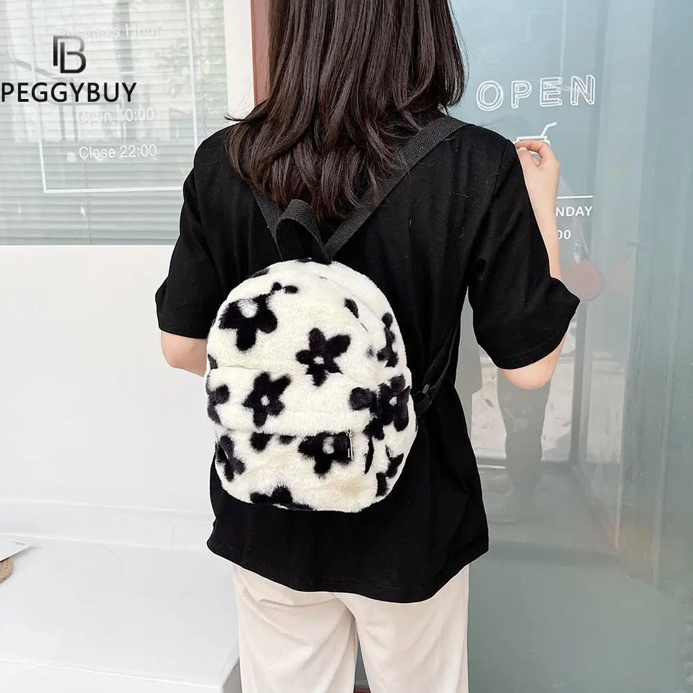 Preppy Style Women Flowers Printing Plush Backpack Girls School Bag