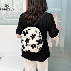 Preppy Style Women Flowers Printing Plush Backpack Girls School Bag