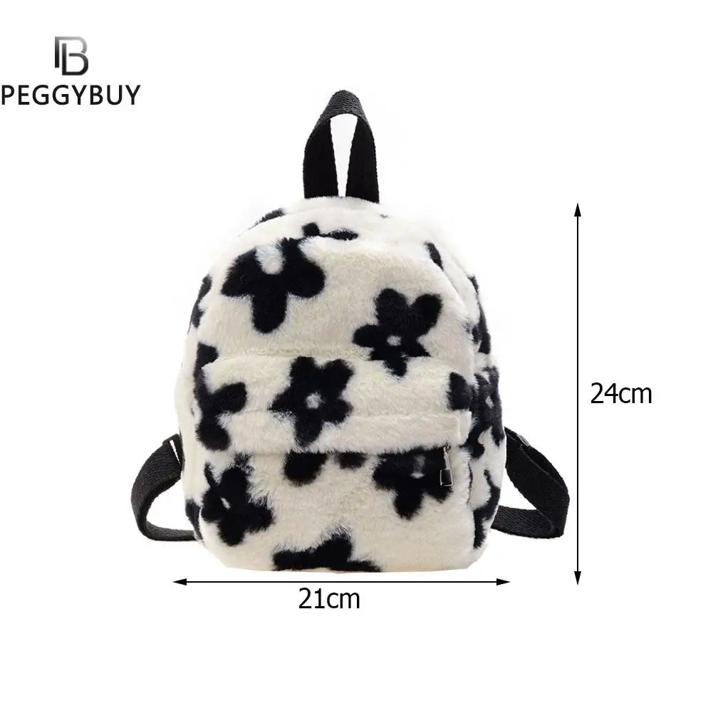 Preppy Style Women Flowers Printing Plush Backpack Girls School Bag