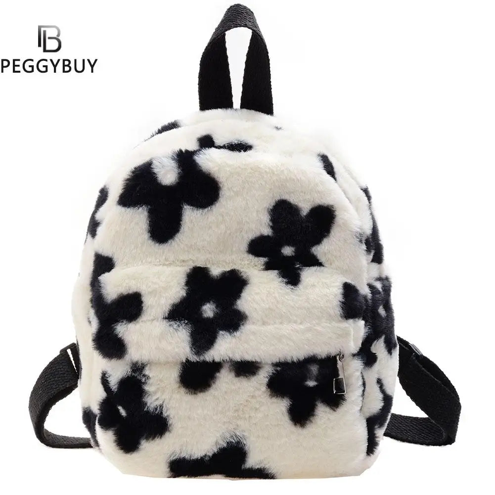 Preppy Style Women Flowers Printing Plush Backpack Girls School Bag