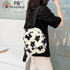 Preppy Style Women Flowers Printing Soft Plush Backpack