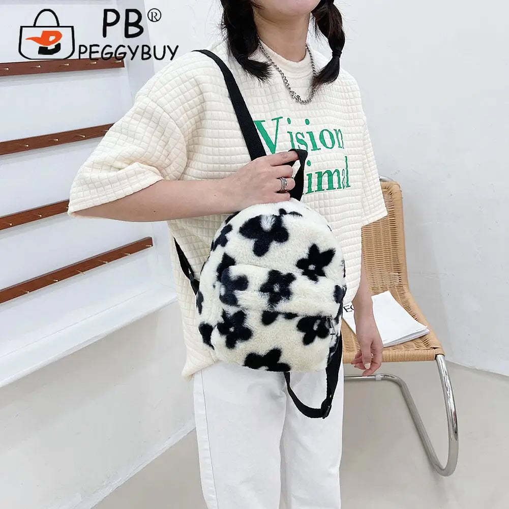 Preppy Style Women Flowers Printing Soft Plush Backpack