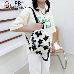Preppy Style Women Flowers Printing Soft Plush Backpack