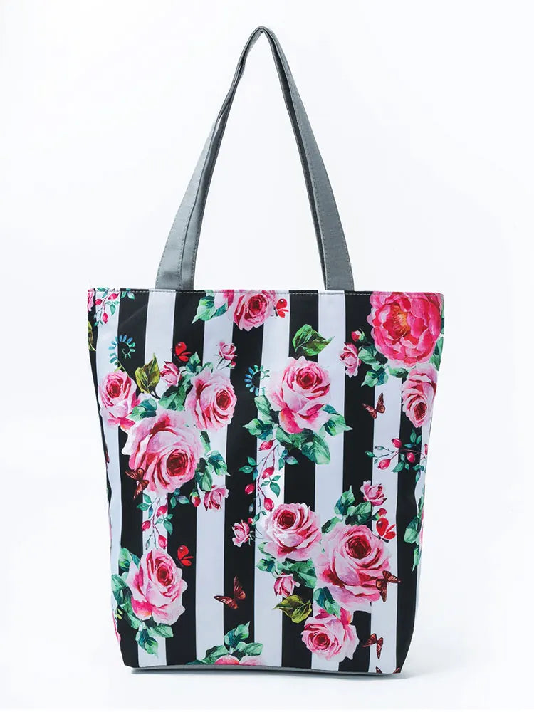Vertical Stripe Flower Bee Pattern Printed Handbags Well Travel Bag
