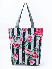 Vertical Stripe Flower Bee Pattern Printed Handbags Well Travel Bag