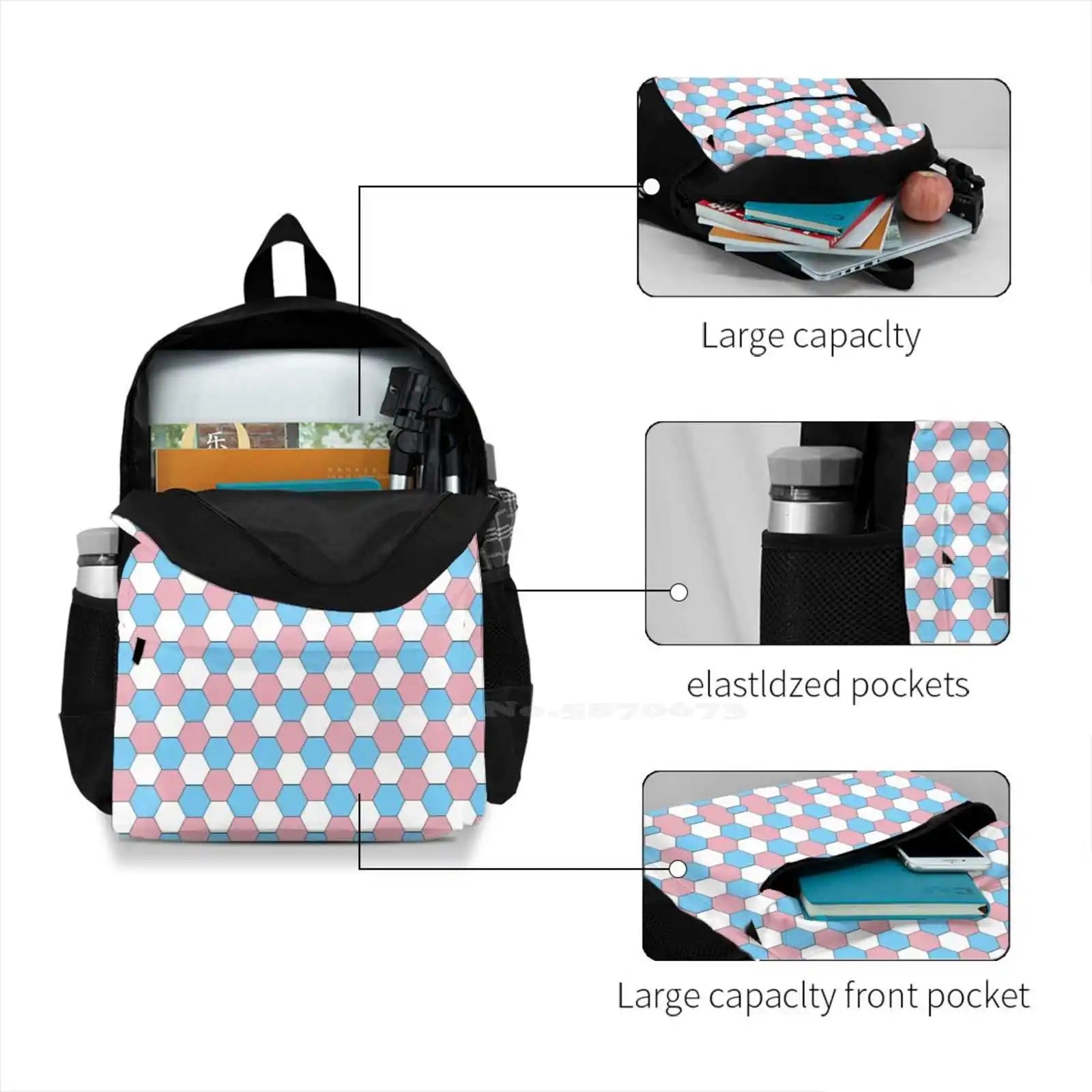 Pride Hexagon Print Large Capacity Backpack Laptop Travel Bags