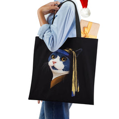 Vintage Cat Cartoon Canvas Tote Bag Large Capacity Harajuku Handbag