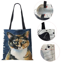 Vintage Cat Cartoon Canvas Tote Bag Large Capacity Harajuku Handbag