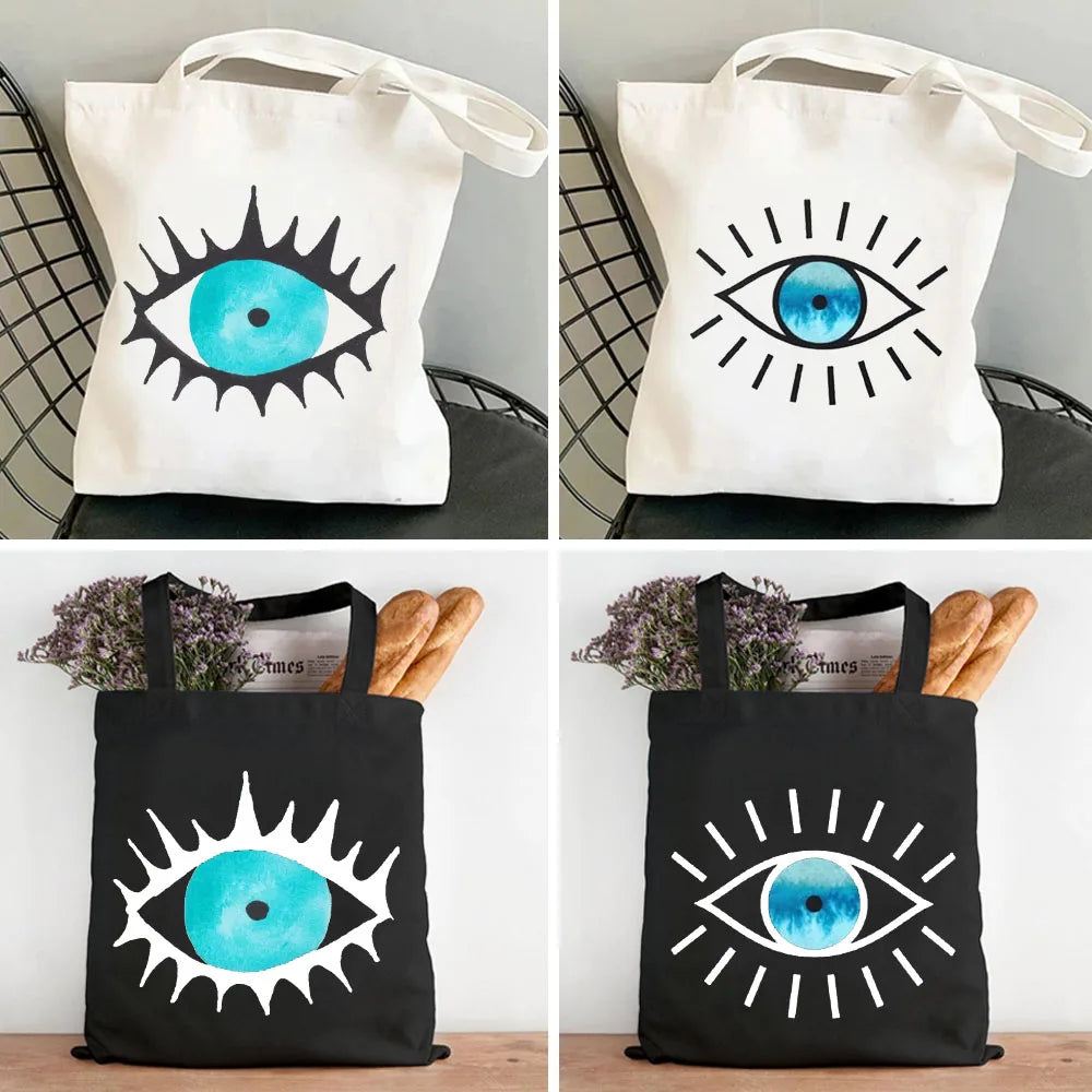 Psychedelic Evil Eye Women Canvas Shoulder Handbags Totes