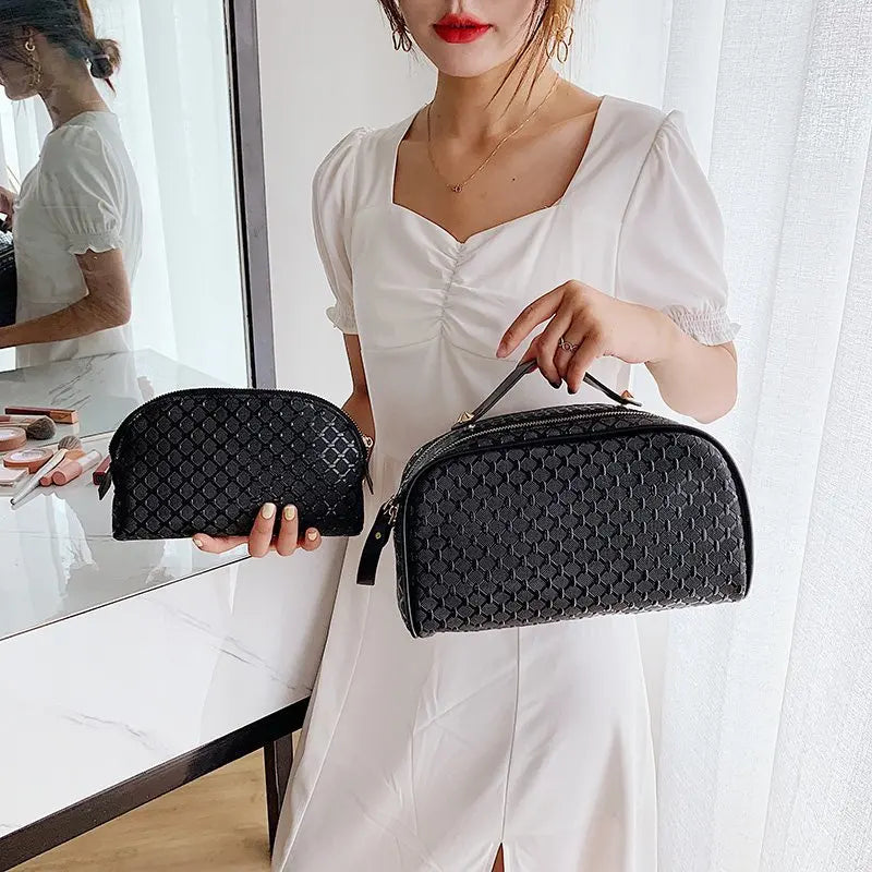 PU Leather Cosmetics Bag Women Make Up Clutch Woven Knitting Purse