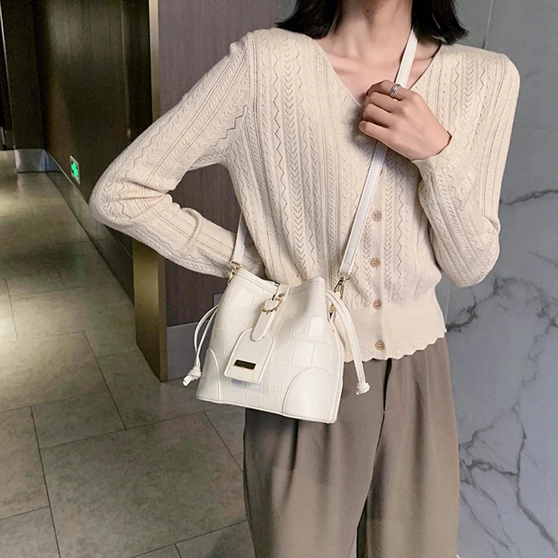 Pu Stone Pattern Bucket Women Diagonal Bag Harajuku Solid Drawstring Shoulder