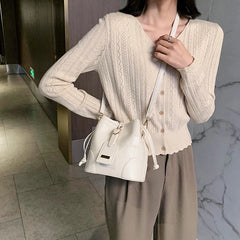 Pu Stone Pattern Bucket Women Diagonal Bag Harajuku Solid Drawstring Shoulder