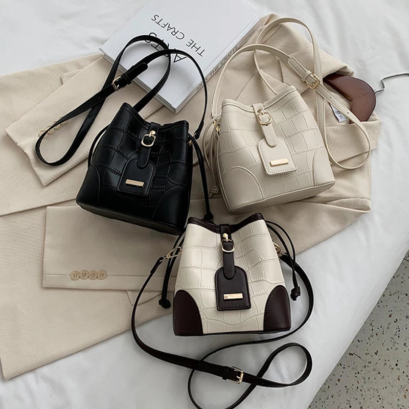 Pu Stone Pattern Bucket Women Diagonal Bag Harajuku Solid Drawstring Shoulder