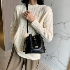 Pu Stone Pattern Bucket Women Diagonal Bag Harajuku Solid Drawstring Shoulder