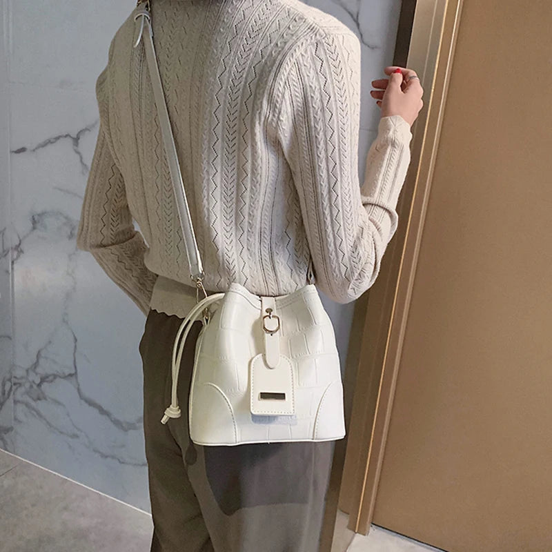Pu Stone Pattern Bucket Women Diagonal Bag Harajuku Solid Drawstring Shoulder