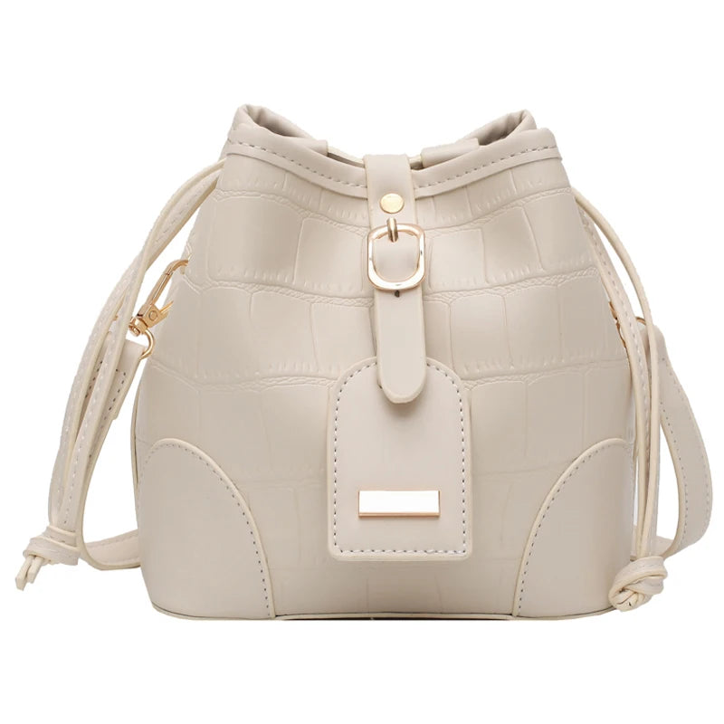 Pu Stone Pattern Bucket Women Diagonal Bag Harajuku Solid Drawstring Shoulder