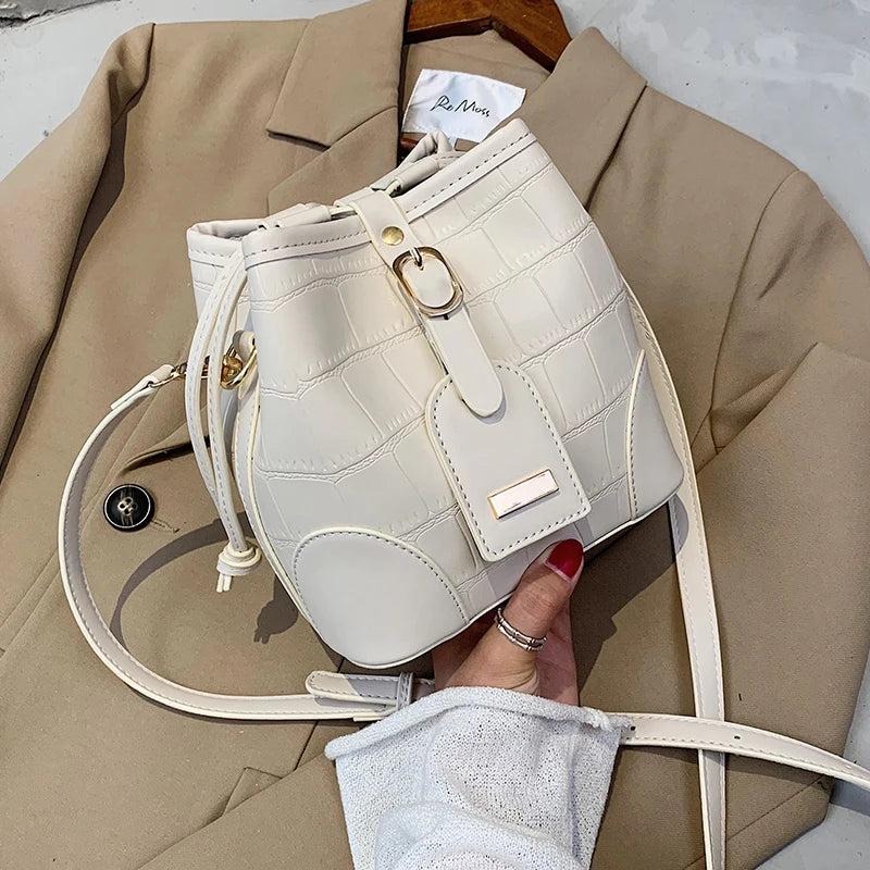 Pu Stone Pattern Bucket Women Diagonal Bag Harajuku Solid Drawstring Shoulder