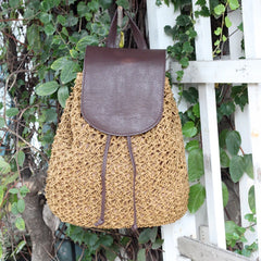 Woven Straw Backpack with Pu Leather Cover for Ladies Travel Holiday