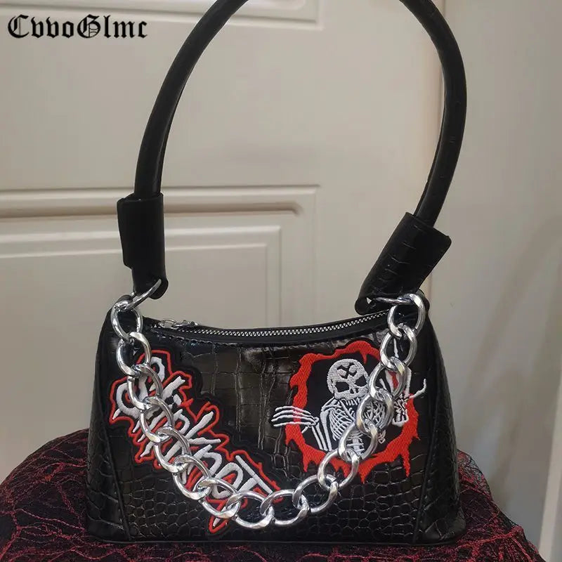 Punk Solid PU Leather Shoulder Bags For Women Skull Chain Handbags