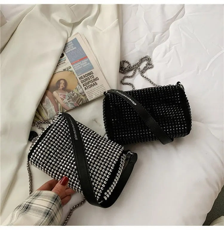 Punk Style Silver Women Diamonds Tote Bag Rhinestone Purse Small Crossbody