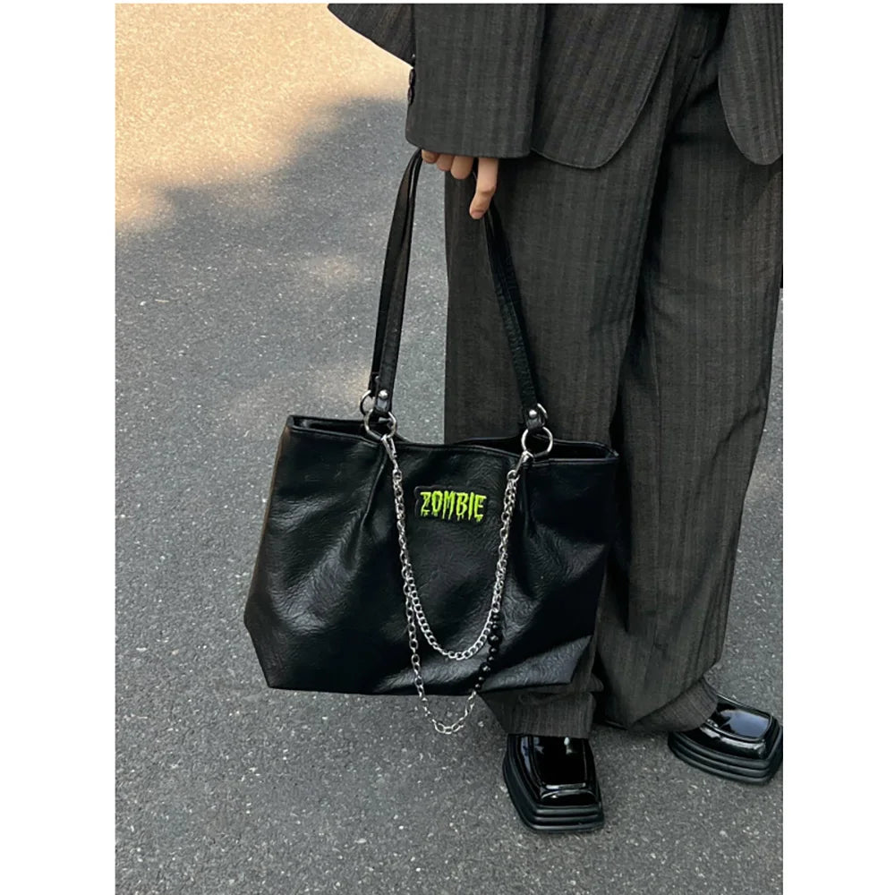 Punk Style Chains Women Shoulder Bags High Large Capacity College Student Tote B