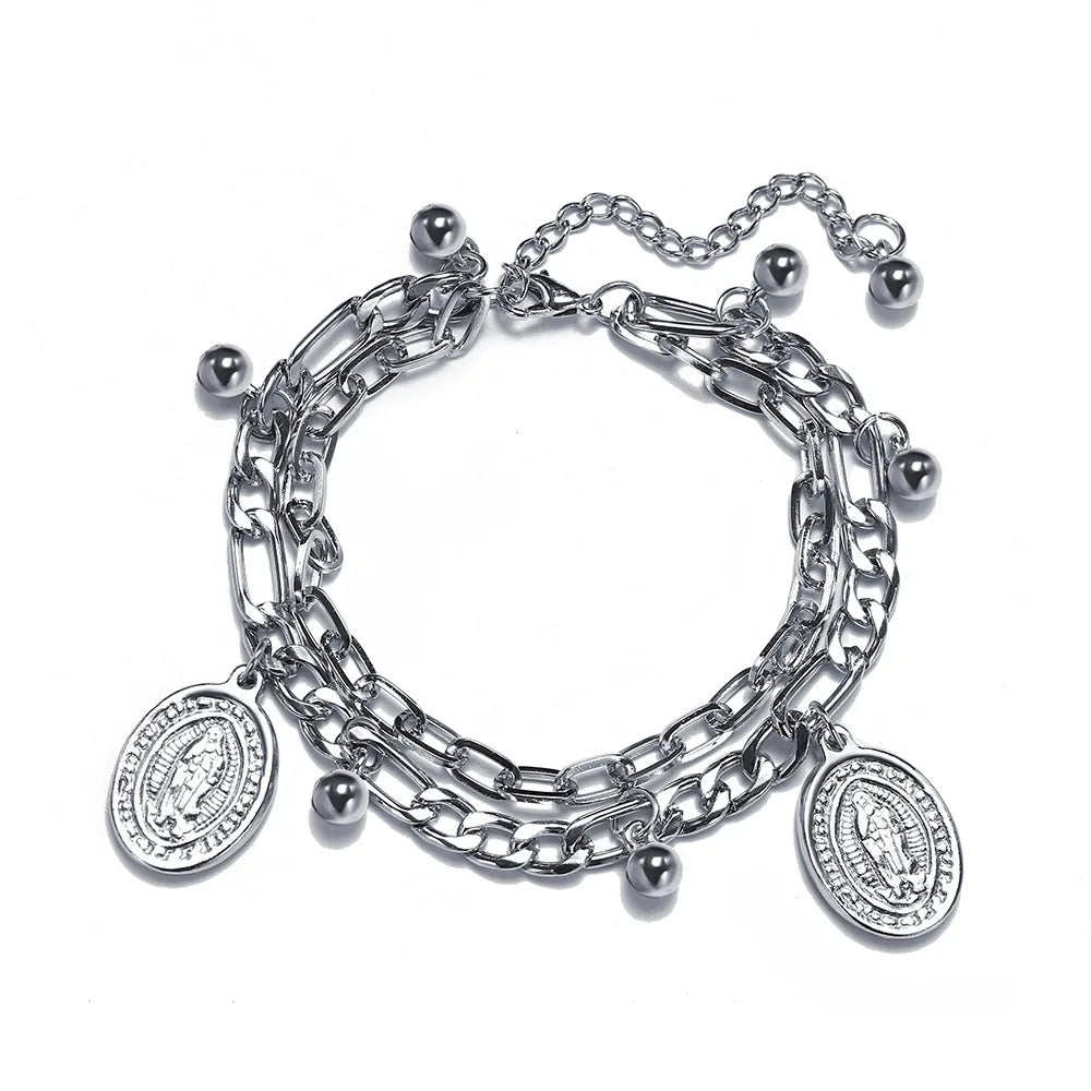 Punk Silver Chain Bracelet Cross Heart Bear Pendant